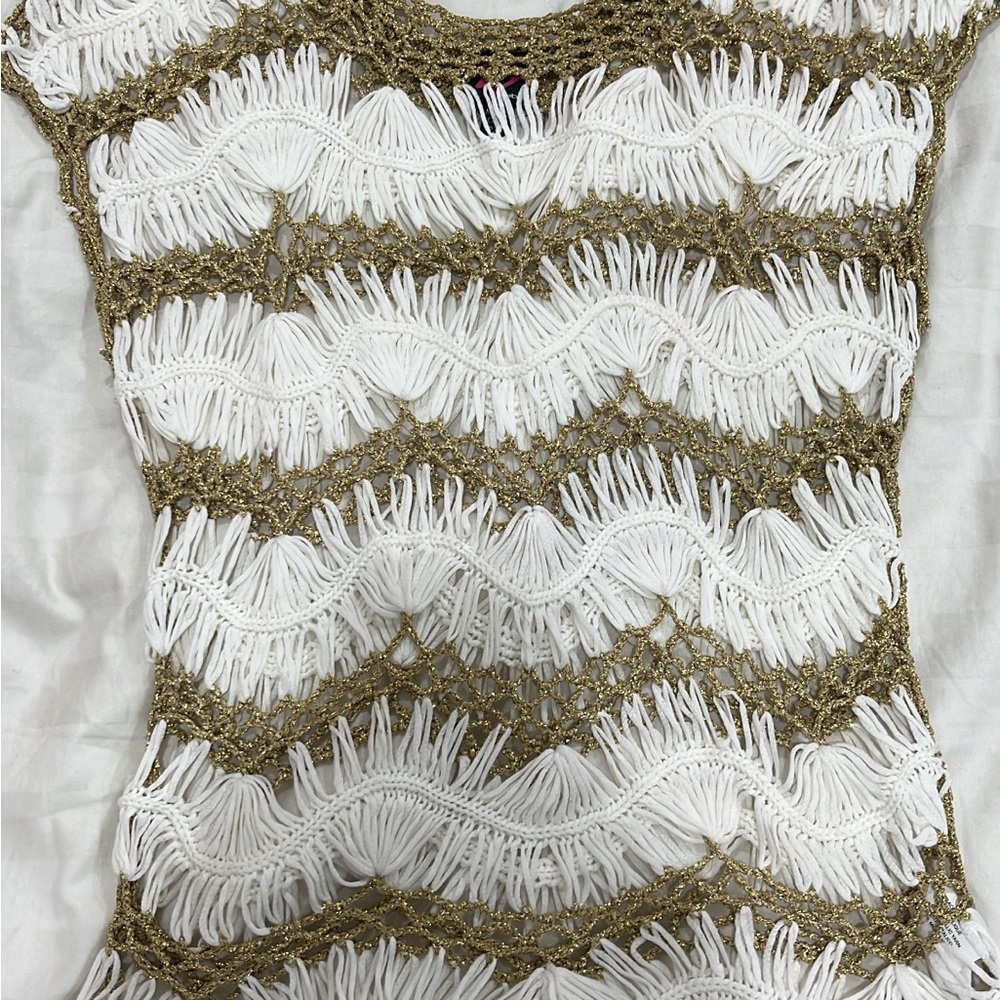 2B Bebe White and Gold Fringe Blouse. Brand new